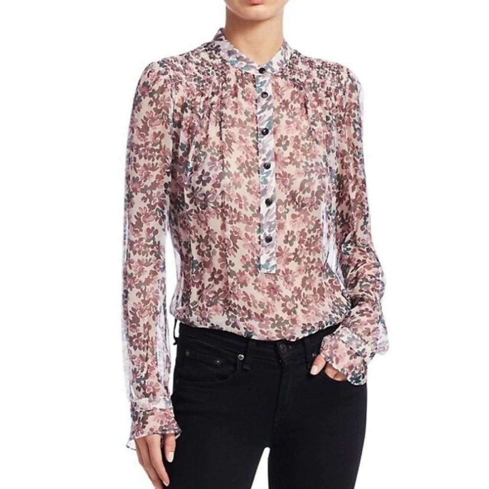 Rag Bone Top Womens Extra Small Pink Susan Silk Floral Sheer Chiffon Button Boho
